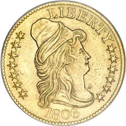 1806 $5 Round Top 6, 7x6 Stars, NCS, AU50 Detail