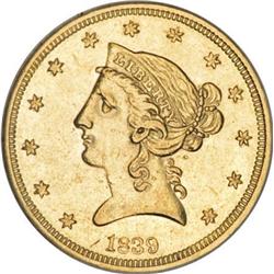 1839 $5 AU58 NGC. CAC