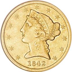 1842 $5 Small Letters AU50 NGC