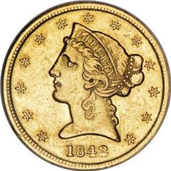 1842 $5 Small Letters AU55 NGC