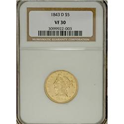 1843-D $5 Medium D VF30 NGC