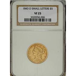 1843-O $5 Small Letters VF25 NGC