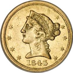 1843-O $5 Small Letters AU53 NGC