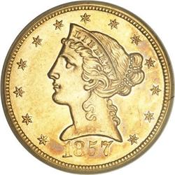 1857-S $5 AU58 PCGS