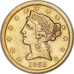 1859-D $5 Medium D AU50 NGC