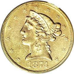 1874 $5 AU58 PCGS