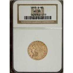 1913-S $5 AU58 NGC