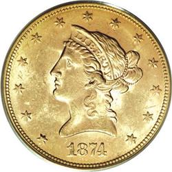 1874 $10 MS62 PCGS