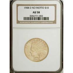 1908-D $10 No Motto AU58 NGC