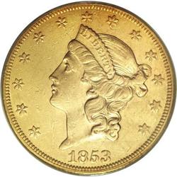 1853/2 $20 AU55 PCGS
