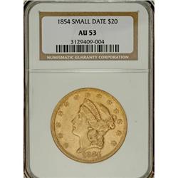 1854 $20 Small Date AU53 NGC
