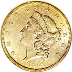 1854 $20 Small Date AU55 NGC