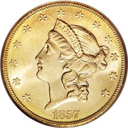 1857-S $20 Spiked Shield MS64 PCGS