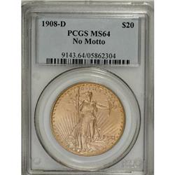 1908-D $20 No Motto MS64 PCGS