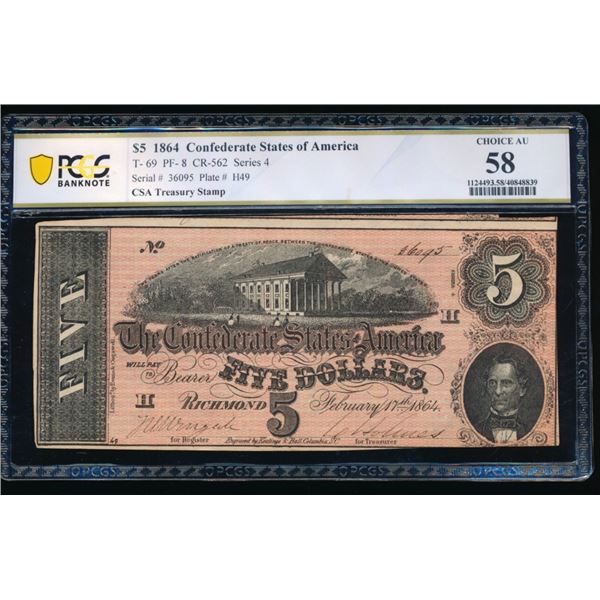 1864 $5 T-69 Confederate PCGS 58