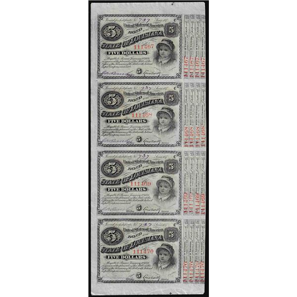 Uncut Sheet of (4) State of Louisiana Baby Bond Obsolete Notes