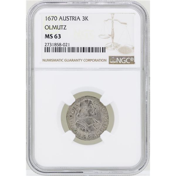 1670 Austria 3 Kreuzer Olmutz Coin NGC MS63