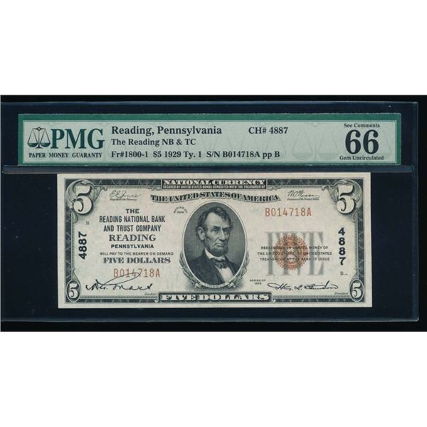 1929 $5 Reading PA National PMG 66EPQ