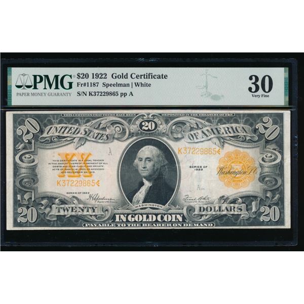 1922 $20 Gold Certificate PMG 30