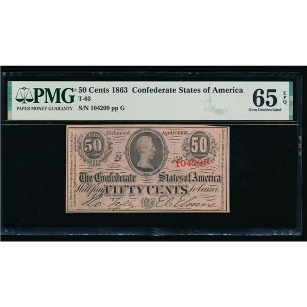 50 Cent 1863 Confederate T-63 Note PMG 65EPQ