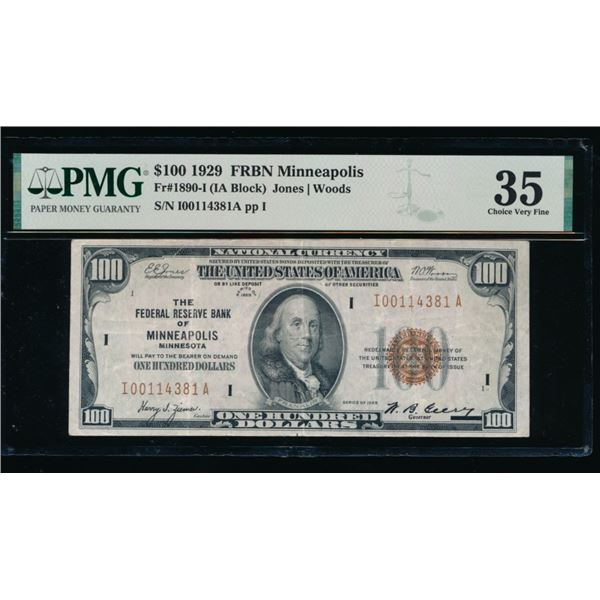 1929 $100 Minneapolis FRBN PMG 35