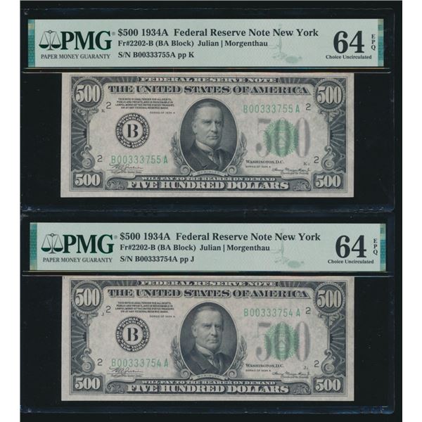 1934A $500 New York Consecutive FRN's PMG 64EPQ