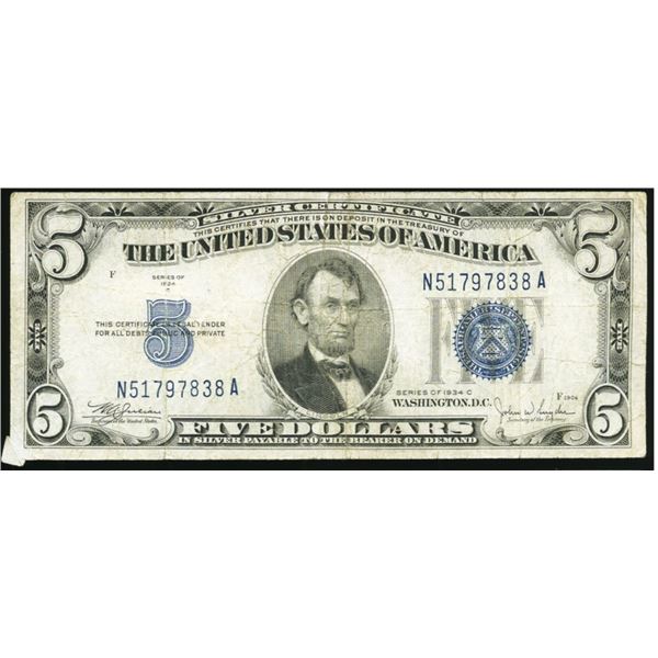 1934C $5 Butterfly Fold Error Silver Certificate