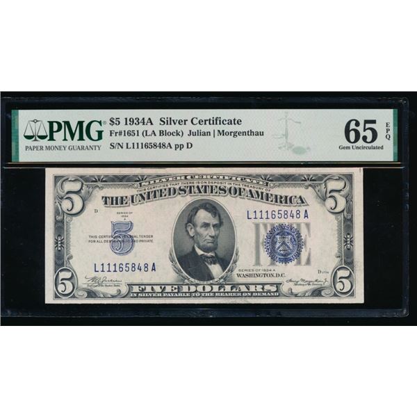 1934A $5 Silver Certificate PMG 65EPQ