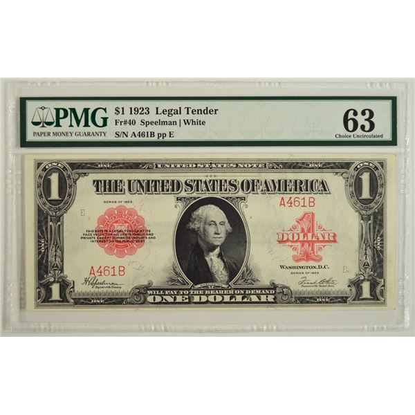 1923 $1 Low Serial Legal Tender PMG 63