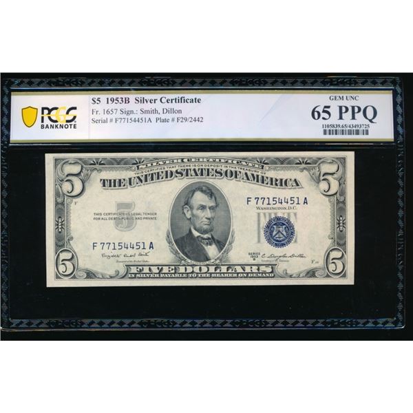 1953B $5 Silver Certificate PCGS 65PPQ