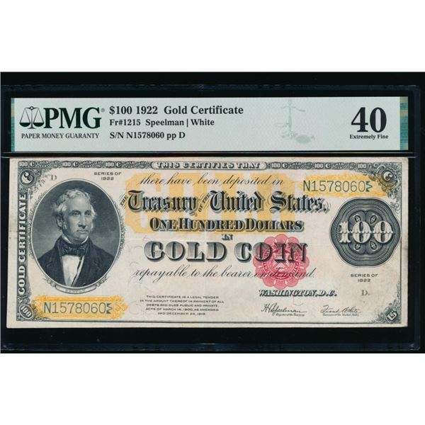 1922 $100 Gold Certificate PMG 40