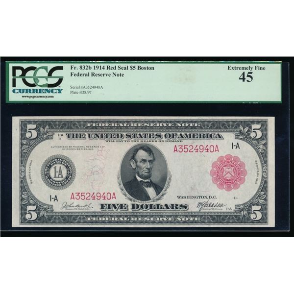 1914 $5 Red Seal Boston FRN PCGS 45