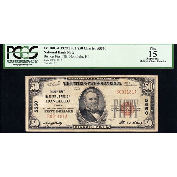 1929 $50 Honolulu HI National PCGS 15