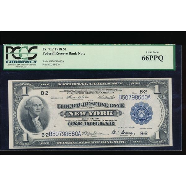 1918 $1 New York FRBN PCGS 66PPQ