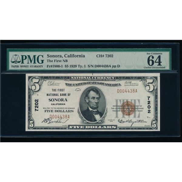 1929 $5 Sonora CA National PMG 64