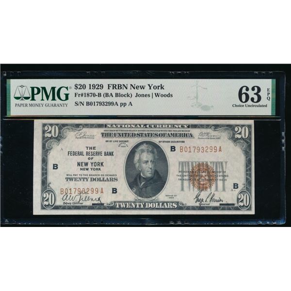 1929 $20 New York FRBN PMG 63EPQ