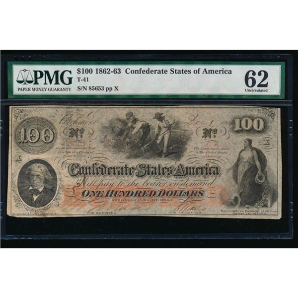 1862-63 $100 T-41 Confederate PMG 62