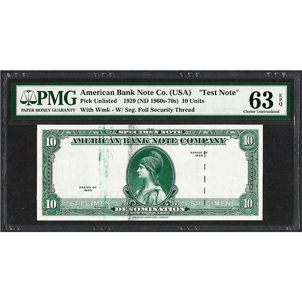 1929 10 Unit American Bank Note Co. "Test Note" PMG Choice Uncirculated 63EPQ