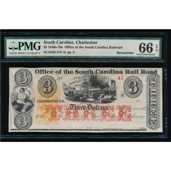 1840s-70s $3 Charleston SC Obsolete PMG 66EPQ