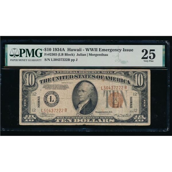 1934A $10 Hawaii FRN PMG 25