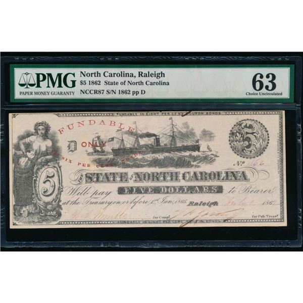1862 $5 Raleigh NC Obsolete Note PMG 63