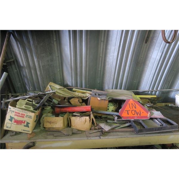 Bench Top of Misc. Items Including SMV Sign, and Grinding Wheels