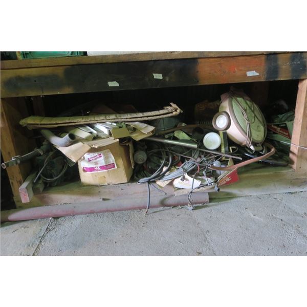 Bench Contents of Misc. Items Including Plumbing, Flashing, Pump, and More