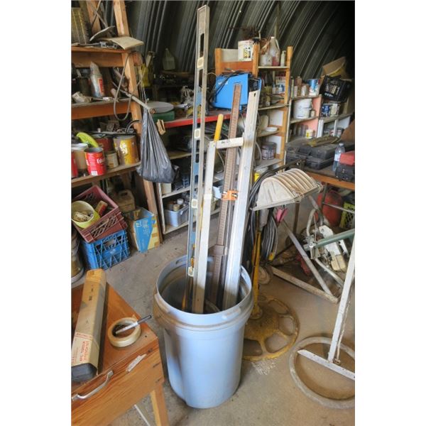 Garbage Can of Misc Tools Including Level, Square and More
