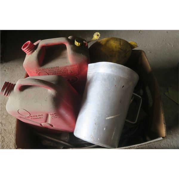 Box of Misc. Items Including Gas Cans and Funnel