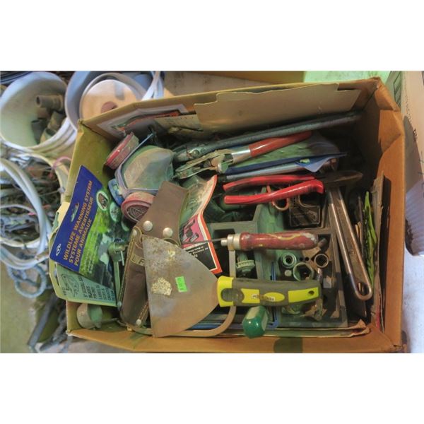 Box of Misc. Items Including Scraper, Adjustable Wrenches and More