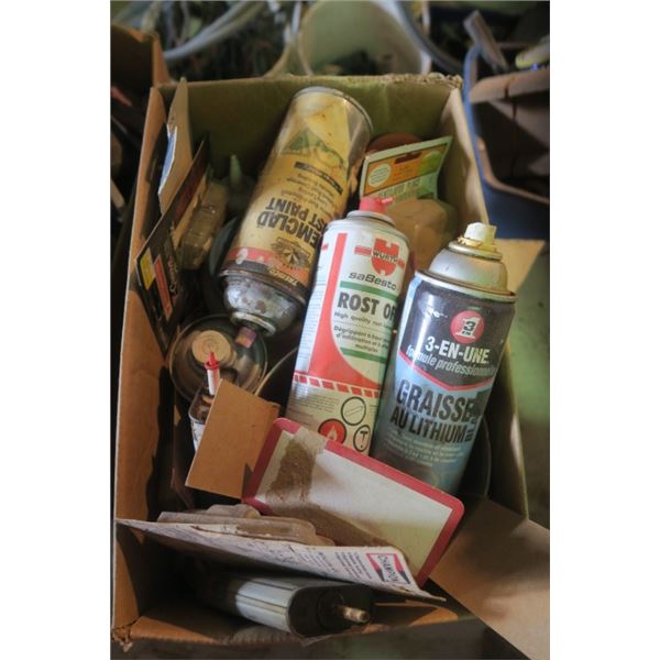 Box of Misc. Spray Lubricants and Other Shop Suppies