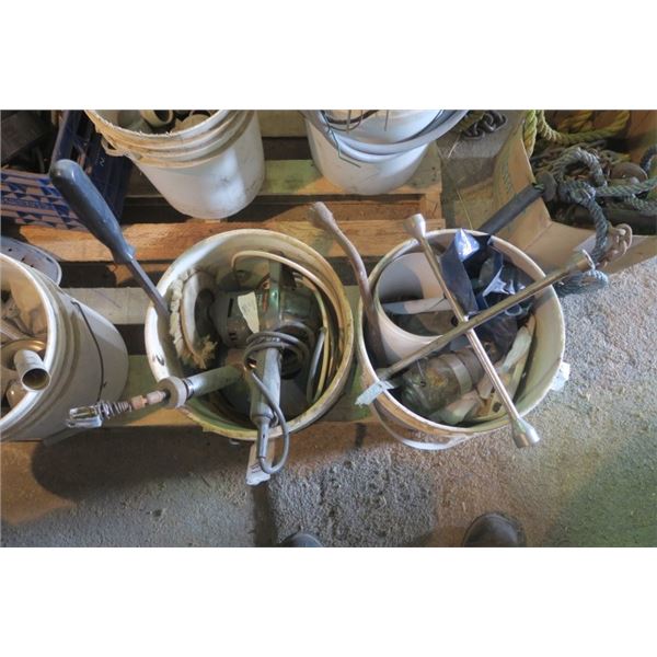 2 Pails of Items Including Polisher, and Tire Irons