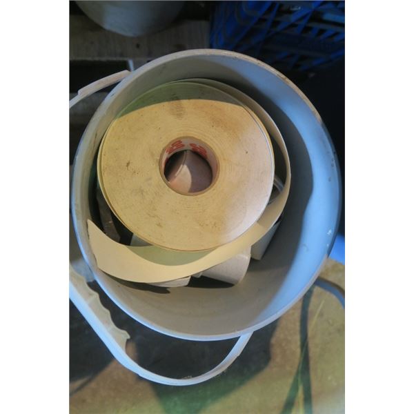 Pail of Misc Items Including Drywall Tape and Coffee Mugs