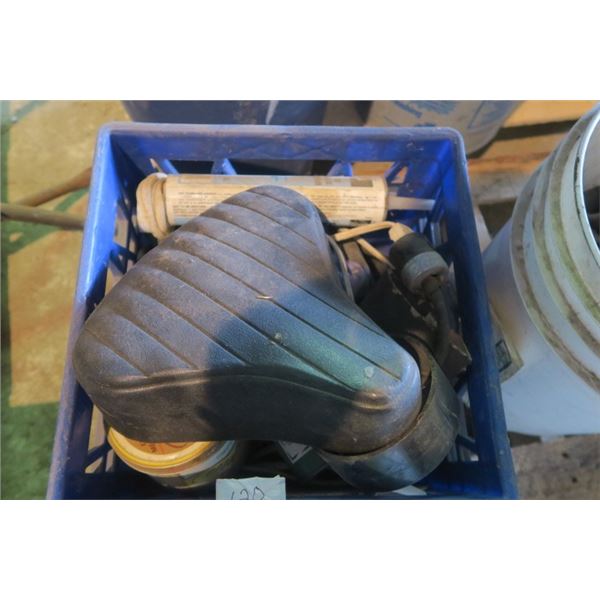 Milk Crate of Misc. Items Including Bike Seat